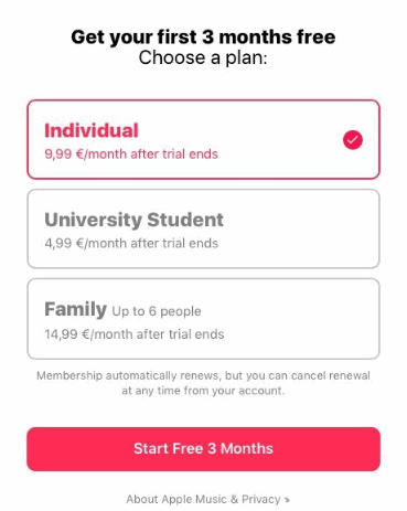 Plans and prices for Apple music for students