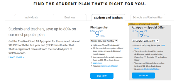 Plans and pricing of Adobe Creative Cloud for students