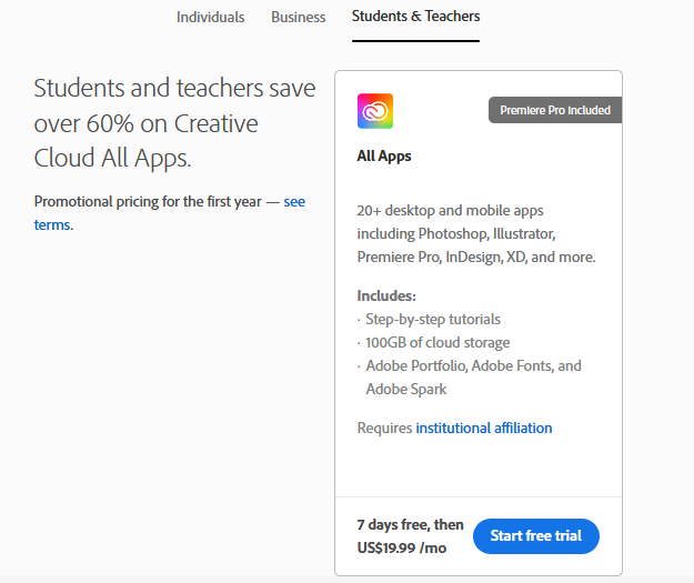 Adobe Premiere Pro pricing for students