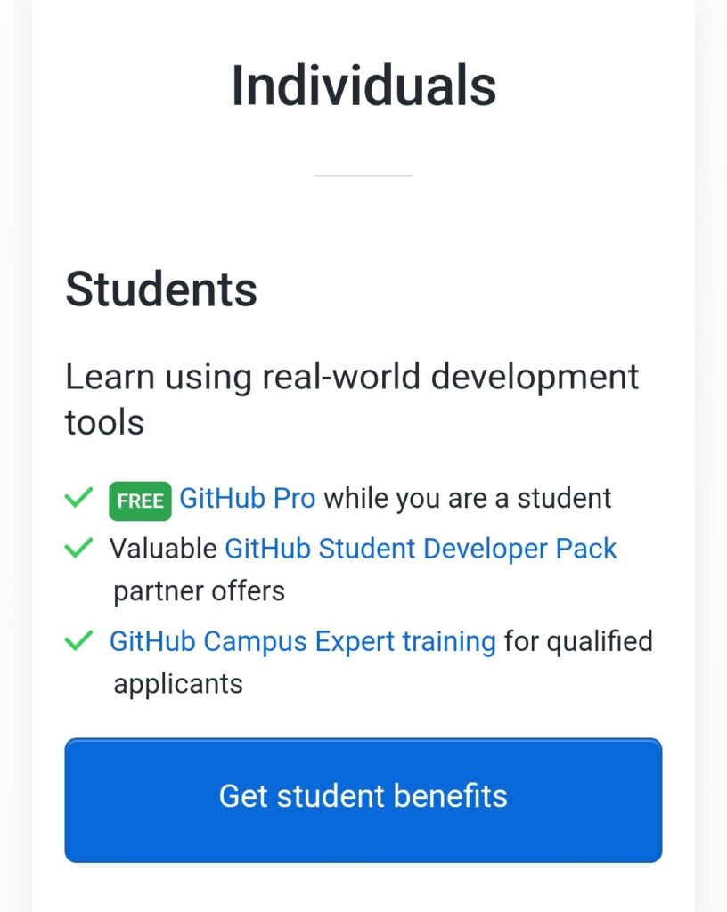 GitHb Student pack benefits page
